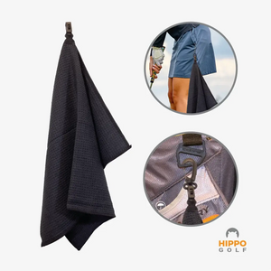 Black golf towel with quick access clips, belt holder and carabiner for golf bag – Hippo Golf 8174-11
