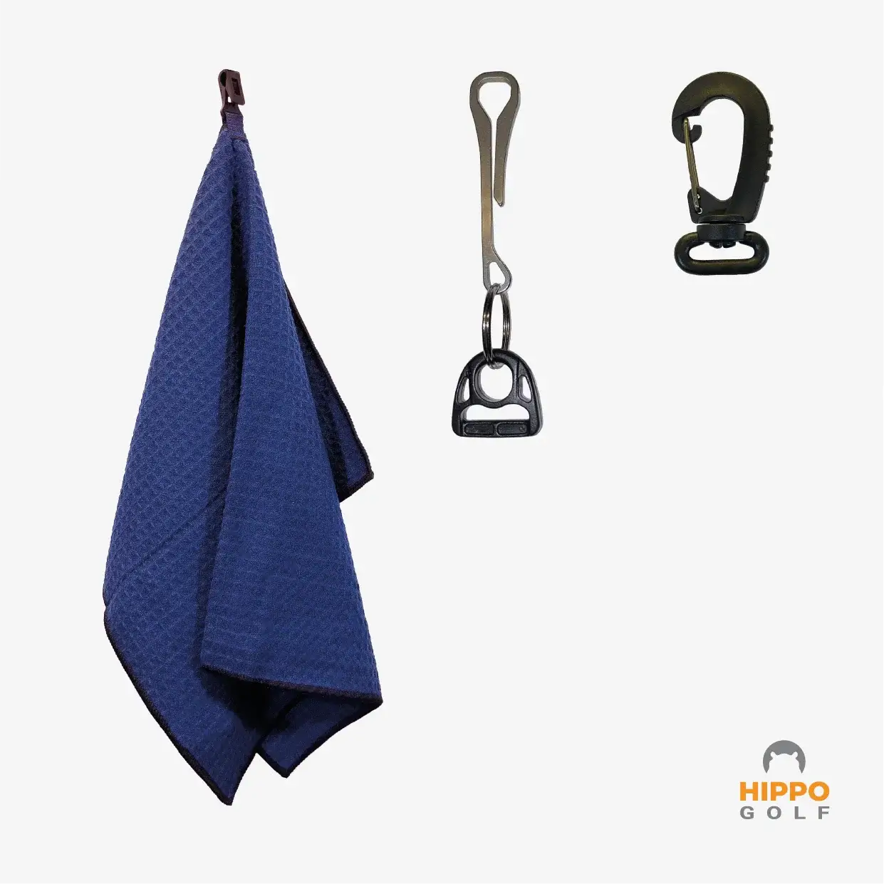 Blue golf towel with quick access clips, belt holder and carabiner – Hippo Golf 8174-14