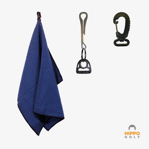 Blue golf towel with quick access clips, belt holder and carabiner – Hippo Golf 8174-14