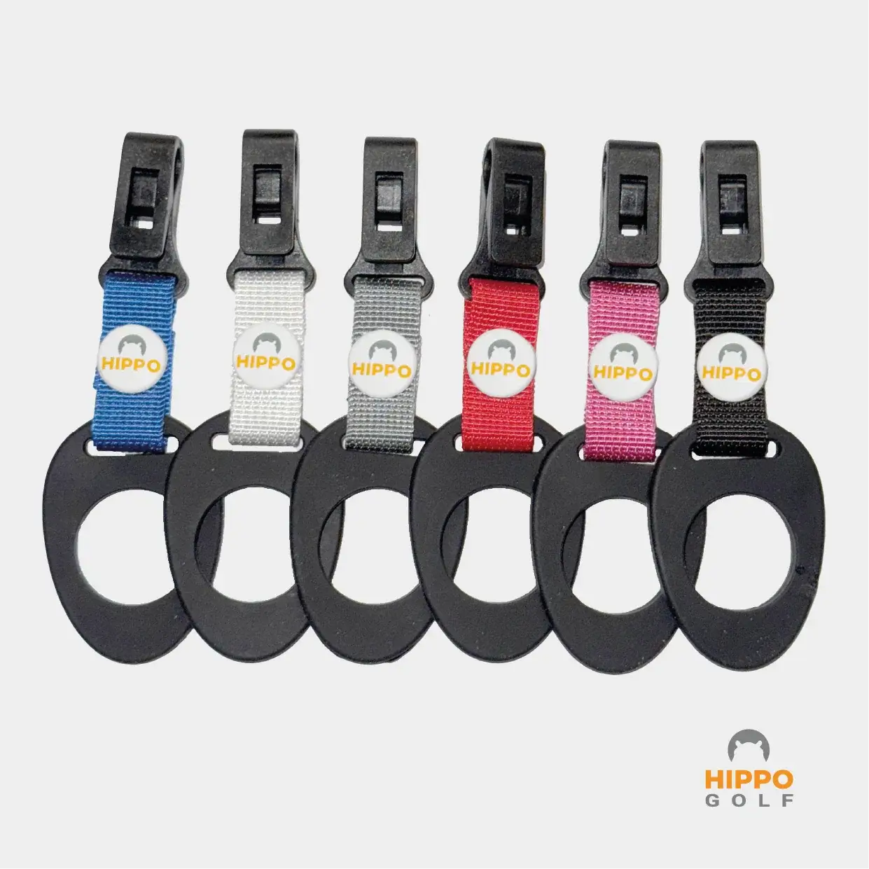 Hippo Golf bottle holder clips shown in multiple color options – quick access golf bag accessory image 8184-14
