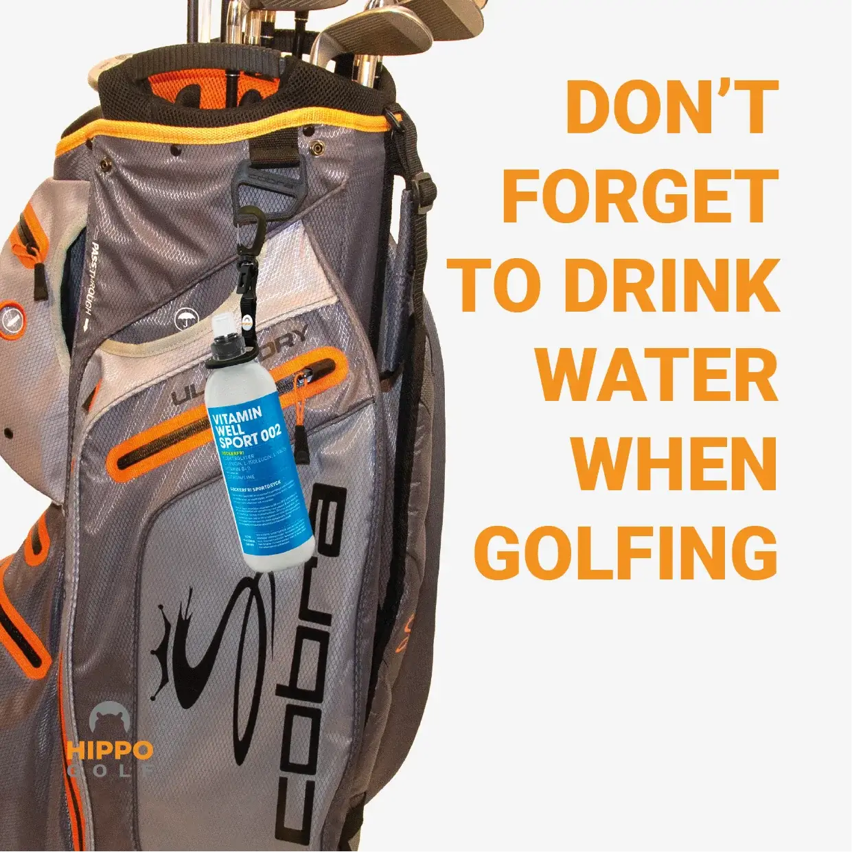 Hippo Golf bottle holder attached to golf bag reminding golfers to stay hydrated 8184-05