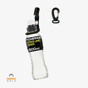 Hippo Golf bottle holder clip with quick access carabiner holding a 500 ml sports drink bottle – golf bag accessory image 8184-11