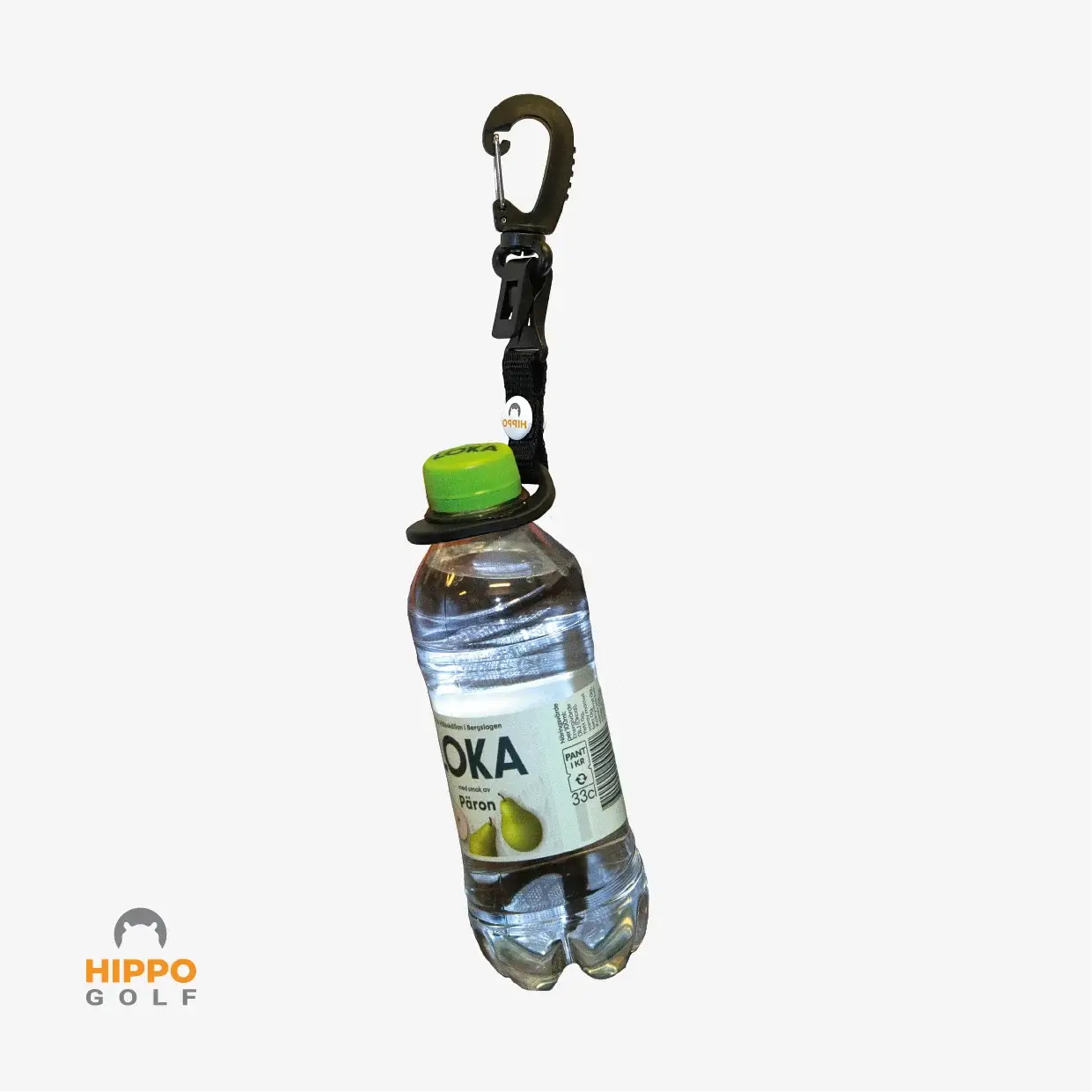 Hippo Golf bottle holder clip attached to water bottle with carabiner – practical golf accessory image 8184-13
