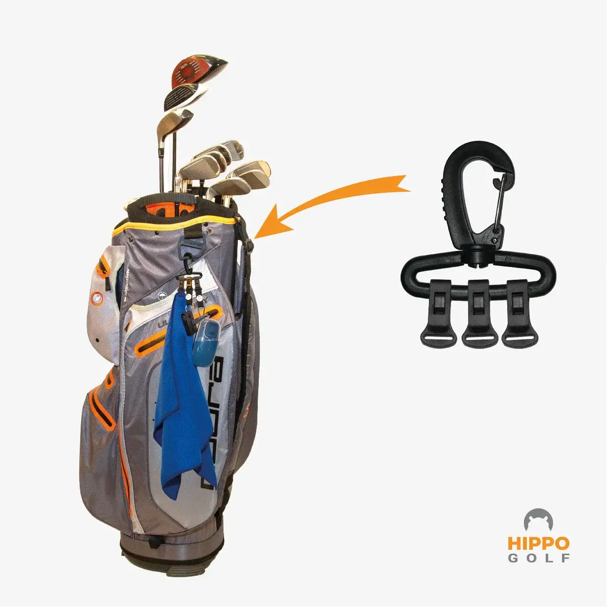 Hippo Golf quick access carabiner mounted on golf bag holding towel and accessories – 8191-05