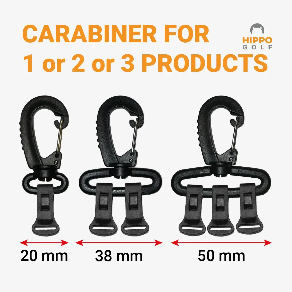 Hippo Golf carabiner size comparison for 1, 2 or 3 accessories with width measurements – 8191-06