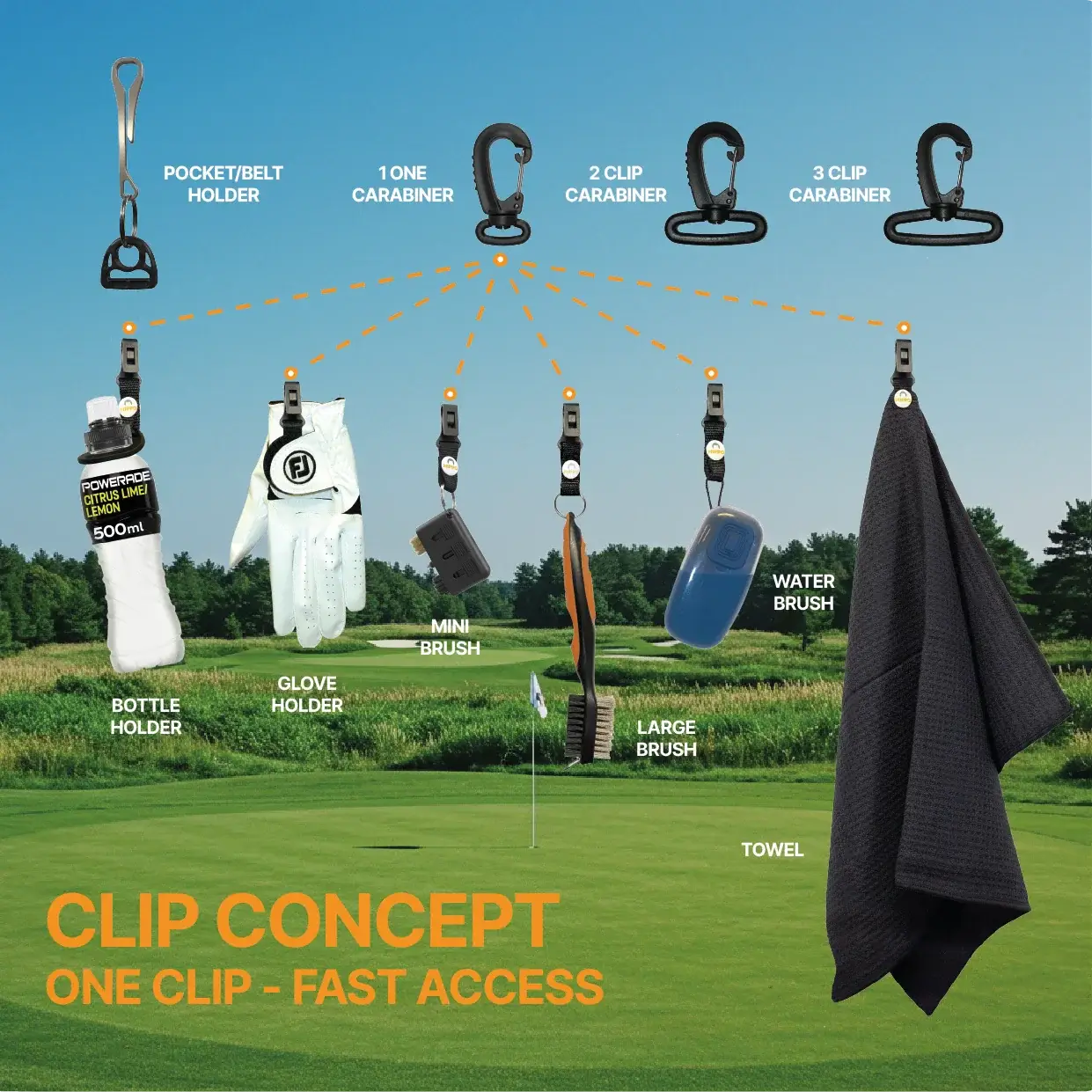 Golf bag clip concept showing one carabiner clip used for bottle, glove, brush, towel and accessories on the golf course 8191-01