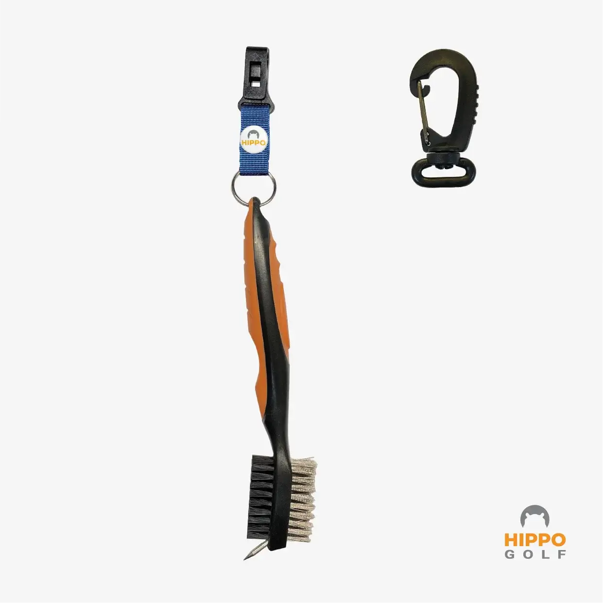 Hippo Golf club cleaning brush with quick-release clip and carabiner, blue strap version – 8183-02