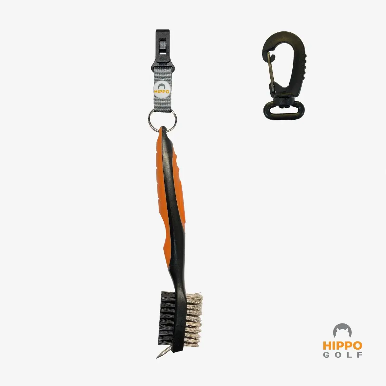 Hippo Golf club cleaning brush with quick-release clip and carabiner, grey strap version – 8183-03