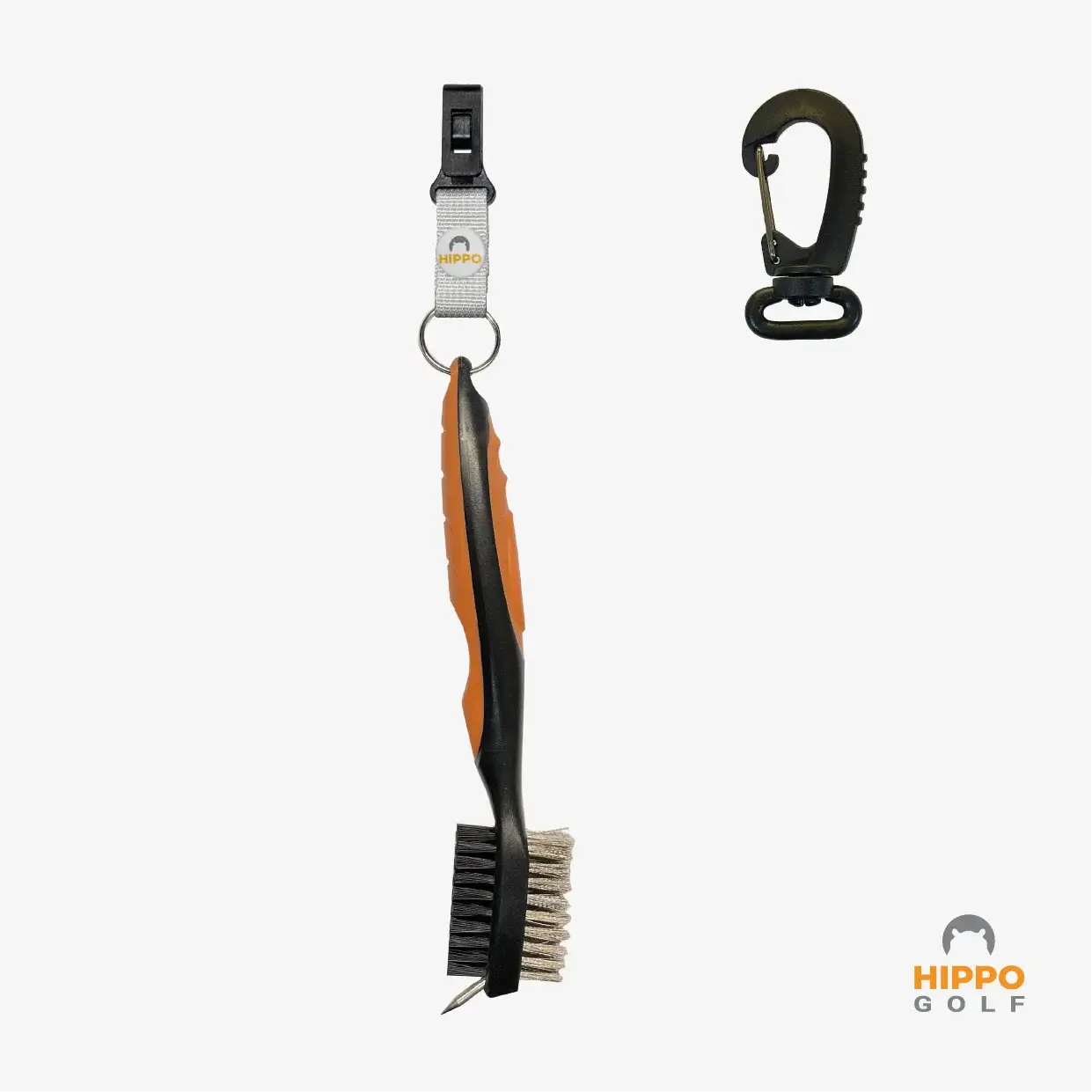Hippo Golf club cleaning brush with quick-release clip and carabiner, white strap version – 8183-05
