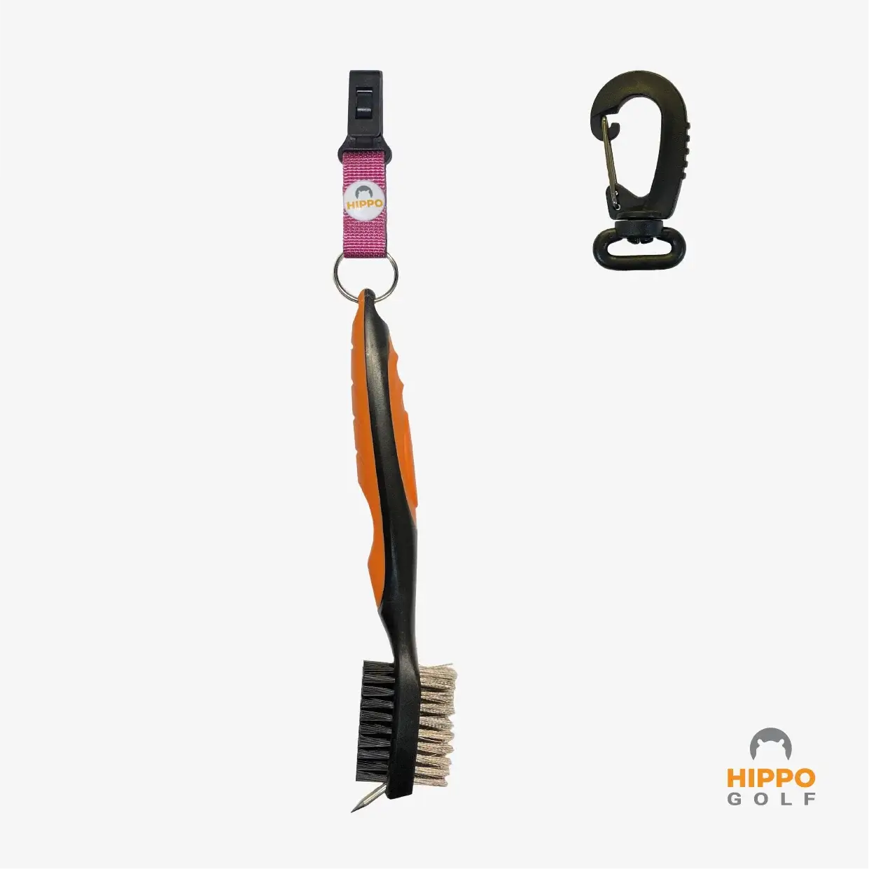 Hippo Golf club cleaning brush with quick-release clip and carabiner, pink strap version – 8183-06