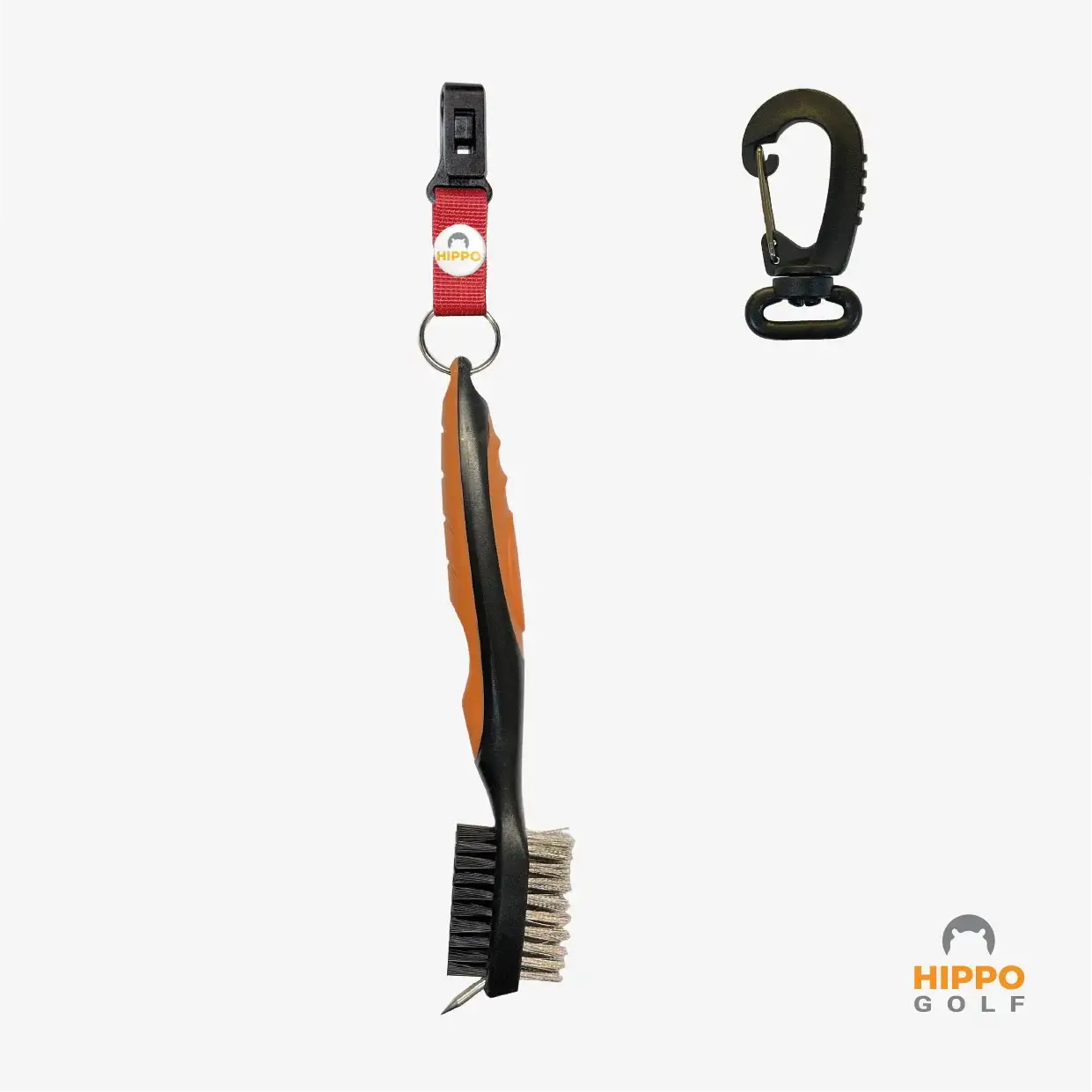 Hippo Golf club cleaning brush with quick-release clip and carabiner, red strap version – 8183-04