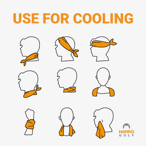 Illustration showing different ways to wear Hippo Golf cooling towel for cooling 8182-05