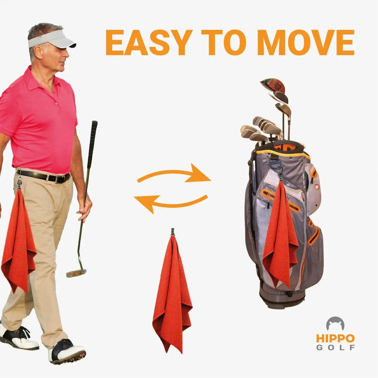 Hippo Golf towel easy to move between golf bag and player using clip – 8174-09