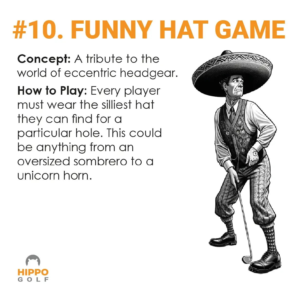 Illustration of the Funny Hat Game where golfers wear silly hats to add humor to a golf round. 8190-02