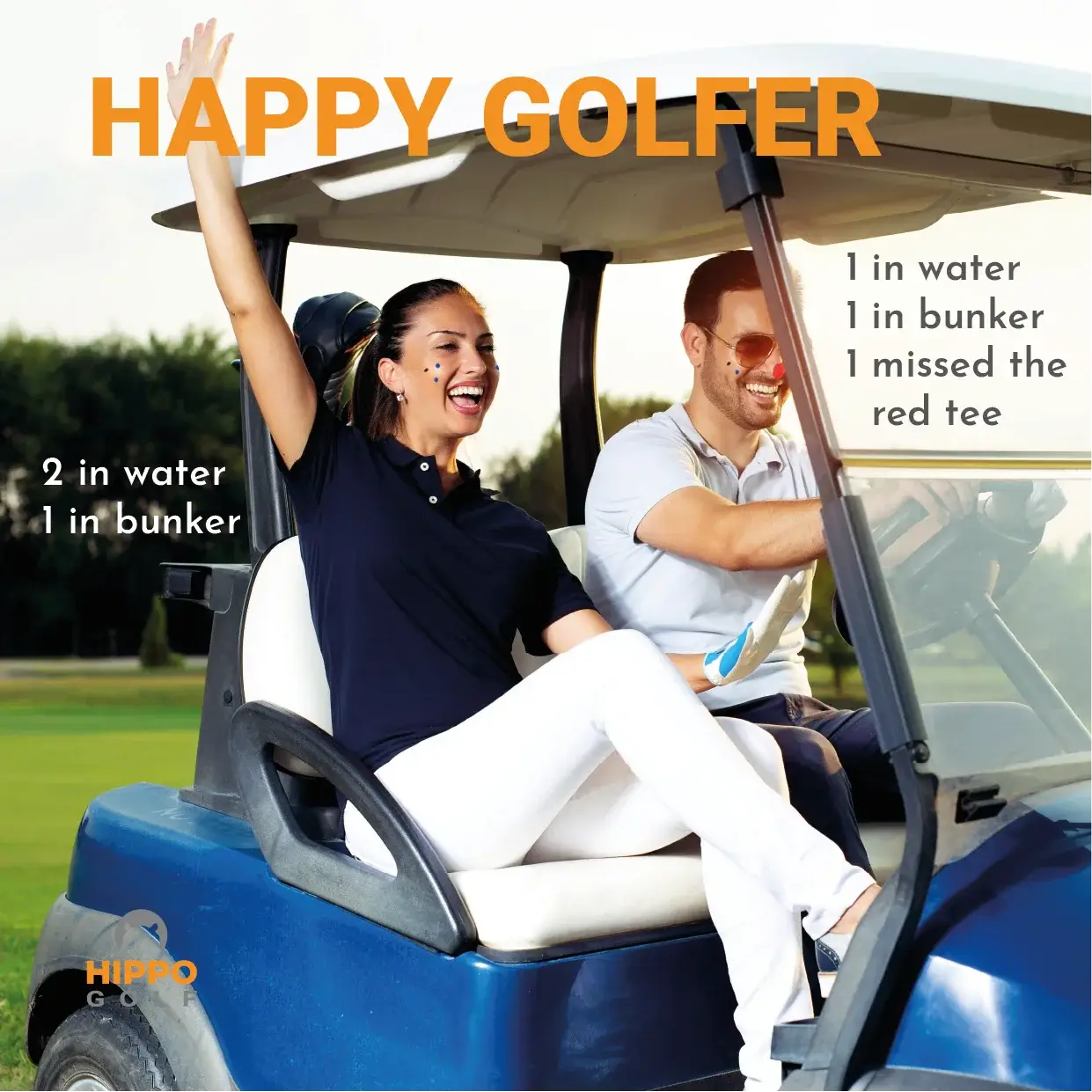 Happy golfers riding a golf cart and celebrating mistakes during a fun social golf game. 8190-01