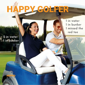 Happy golfers riding a golf cart and celebrating mistakes during a fun social golf game. 8190-01