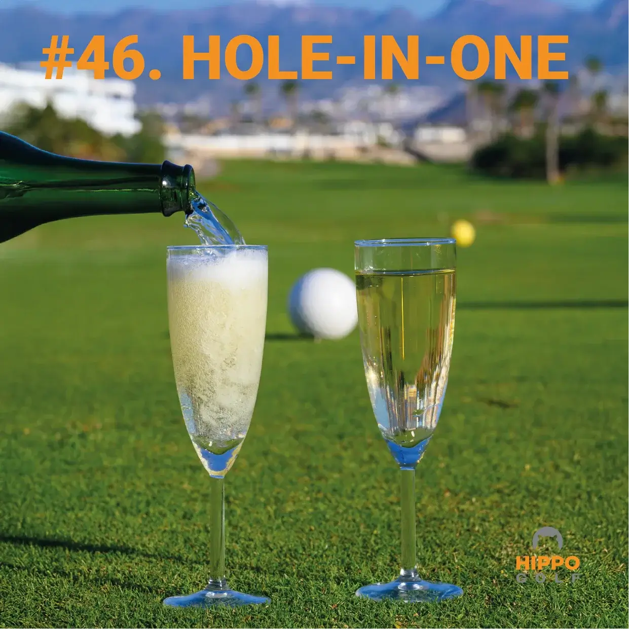 Champagne being poured into glasses on a golf green to celebrate a hole-in-one. 8190-06