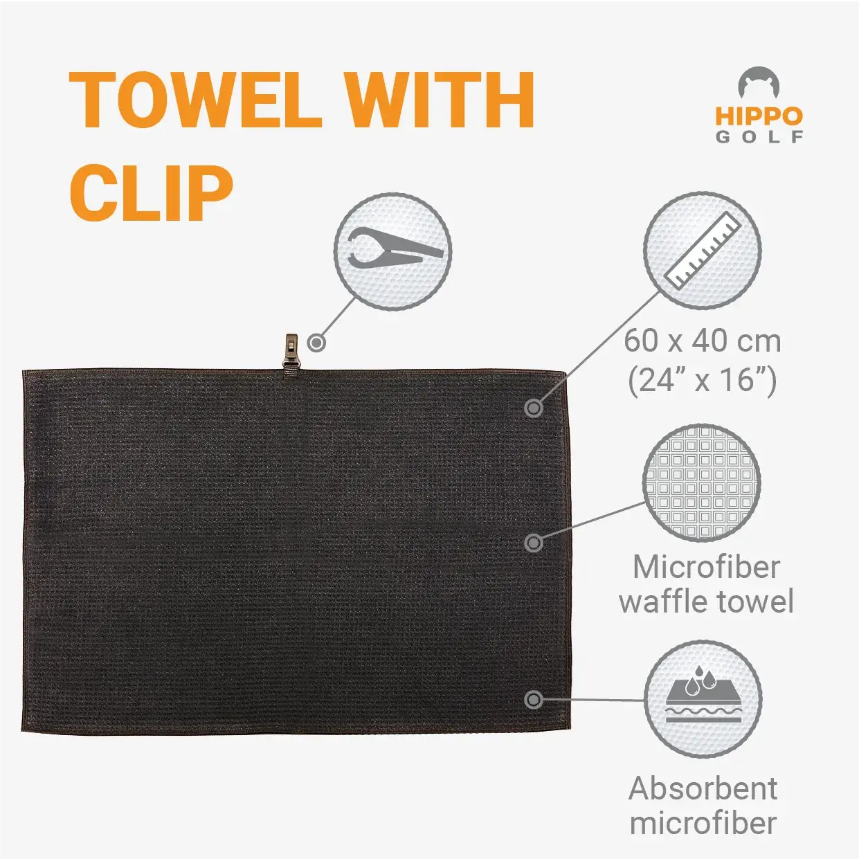 Hippo Golf microfiber towel with clip showing size and material details – 8174-05