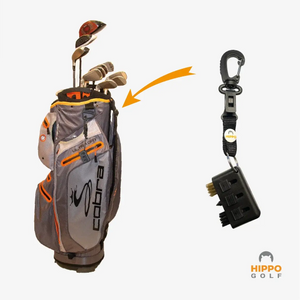 Hippo Golf mini brush attached to golf bag using quick access clip for convenient club cleaning during play – 8199-02
