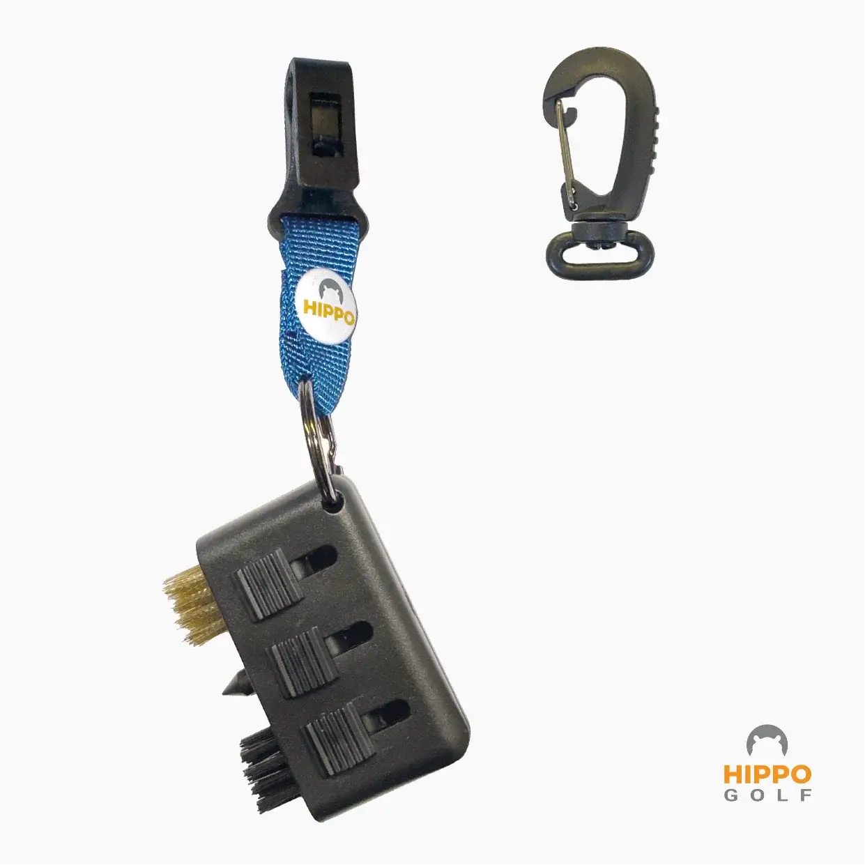Hippo Golf mini brush with blue quick access strap and carabiner for fast club cleaning on the course 8199-11