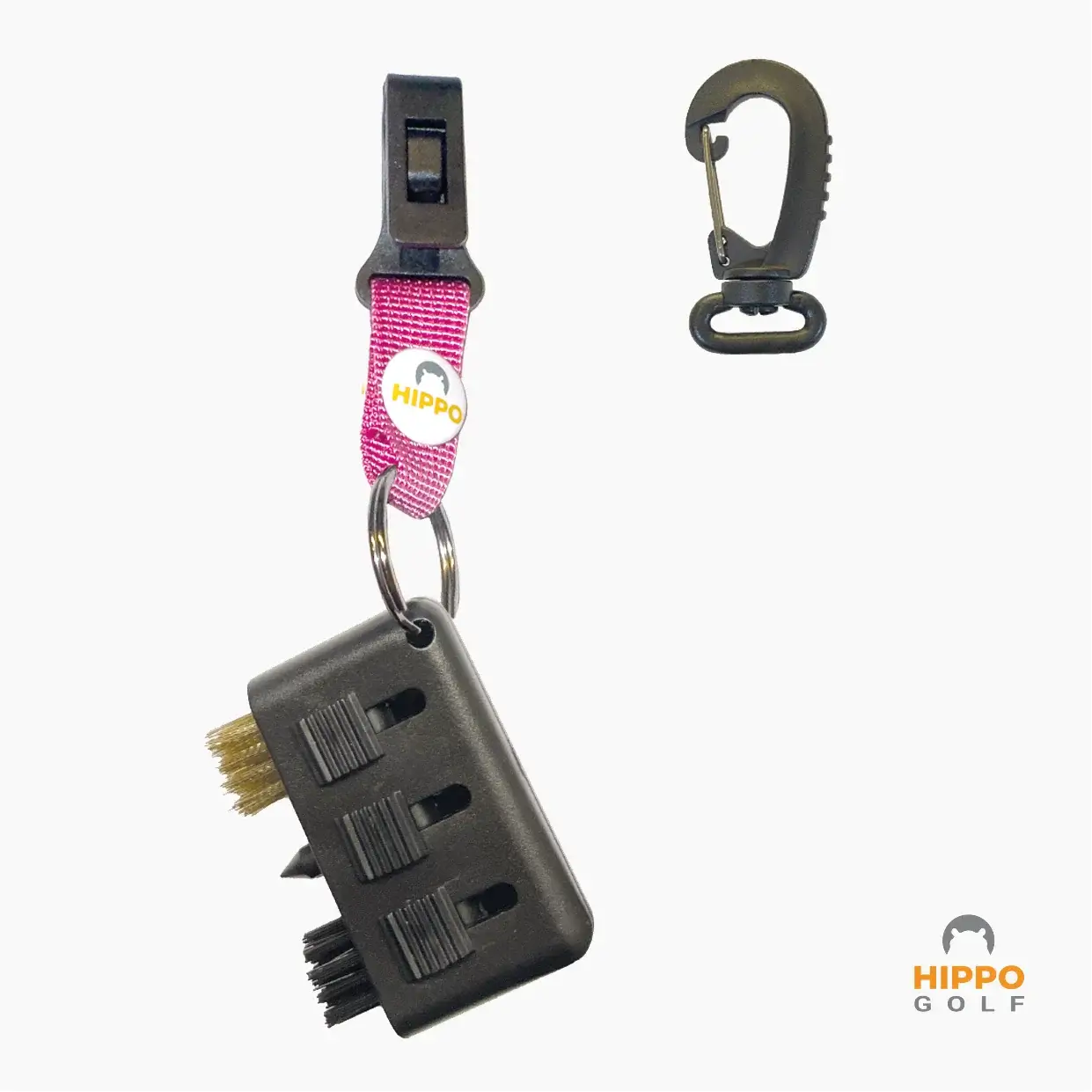 Hippo Golf mini brush with pink quick access strap and carabiner designed for fast access during play 8199-15