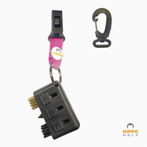 Hippo Golf mini brush with pink quick access strap and carabiner designed for fast access during play 8199-15