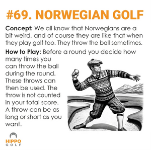Illustration of a humorous Norwegian golf rule where players are allowed to throw the ball. 8190-07