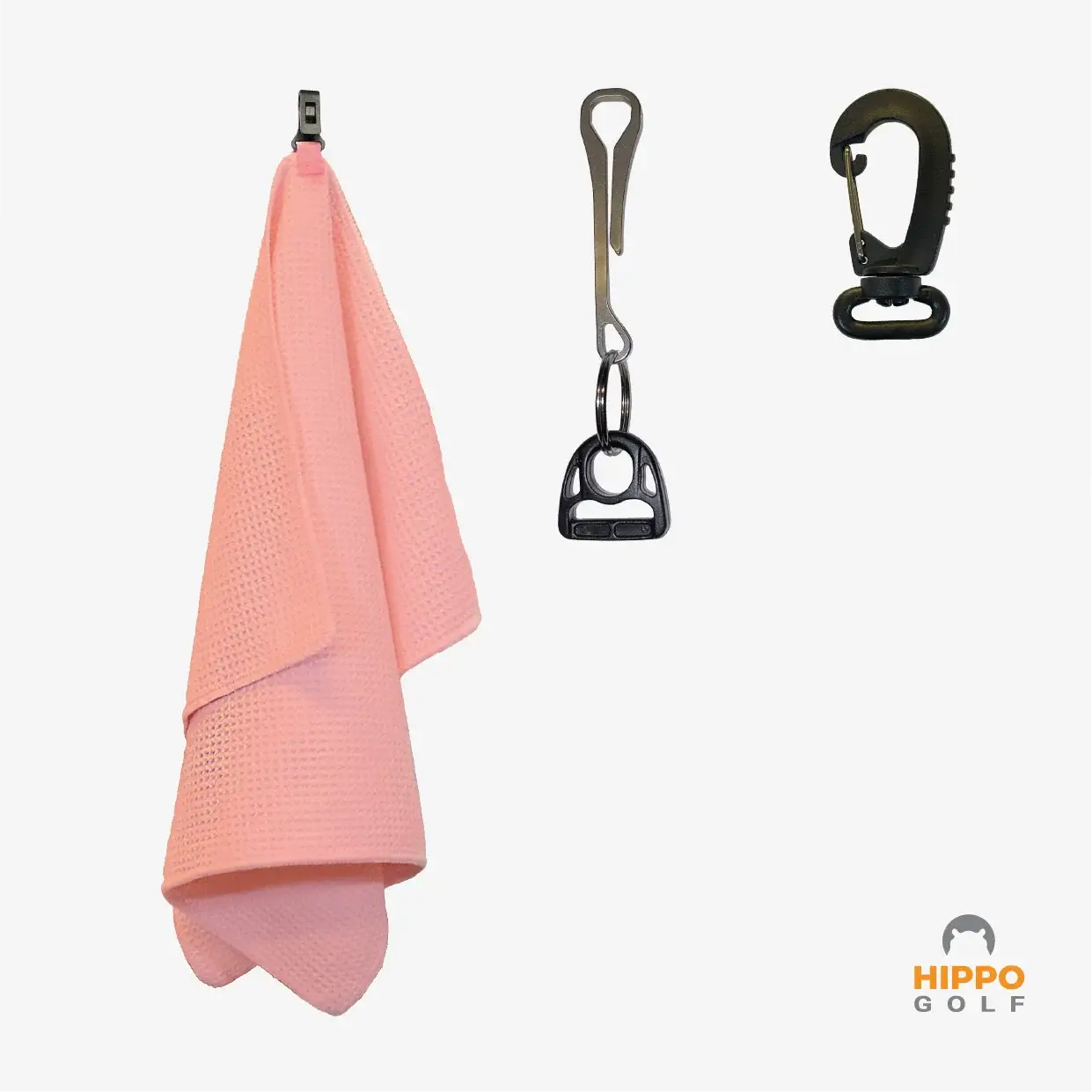 Pink golf towel with quick access clips for cleaning golf balls and clubs – Hippo Golf 8174-18