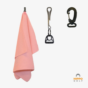 Pink golf towel with quick access clips for cleaning golf balls and clubs – Hippo Golf 8174-18