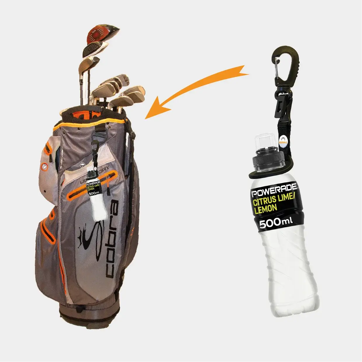 Hippo Golf quick access clip holding a drink bottle attached to a golf bag 8184-02