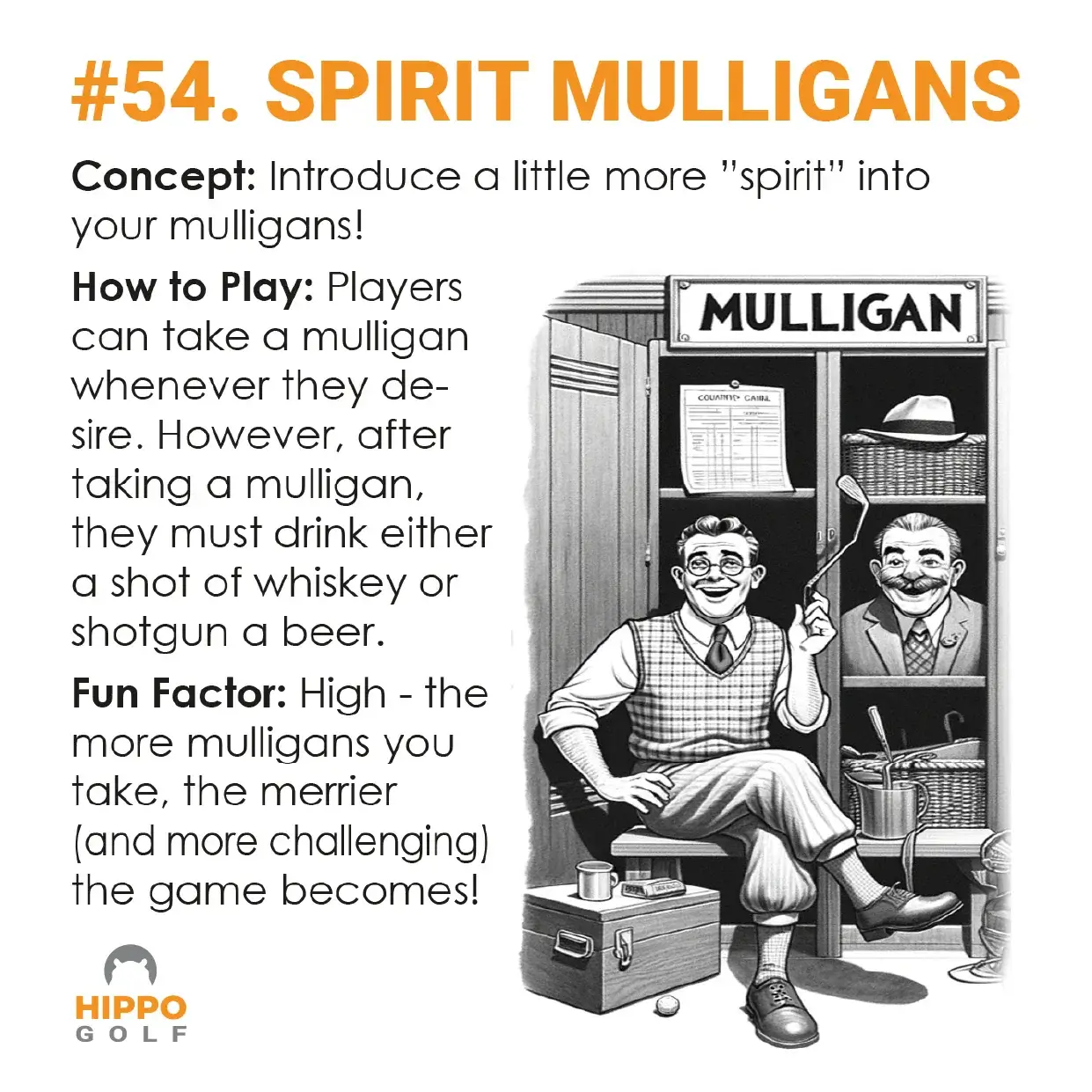 Illustration explaining the Spirit Mulligan golf game where a mulligan requires a drink. 8190-03