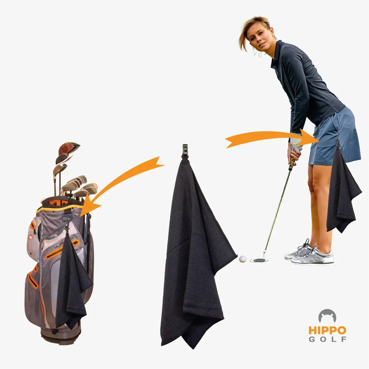 Hippo Golf towel attached to golf bag using quick access clip – 8174-02