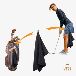Hippo Golf towel attached to golf bag using quick access clip – 8174-02