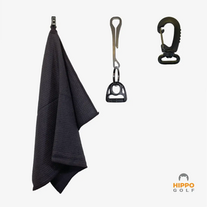 Detail view of golf towel with quick access clip on waistband and golf bag – Hippo Golf 8174-13