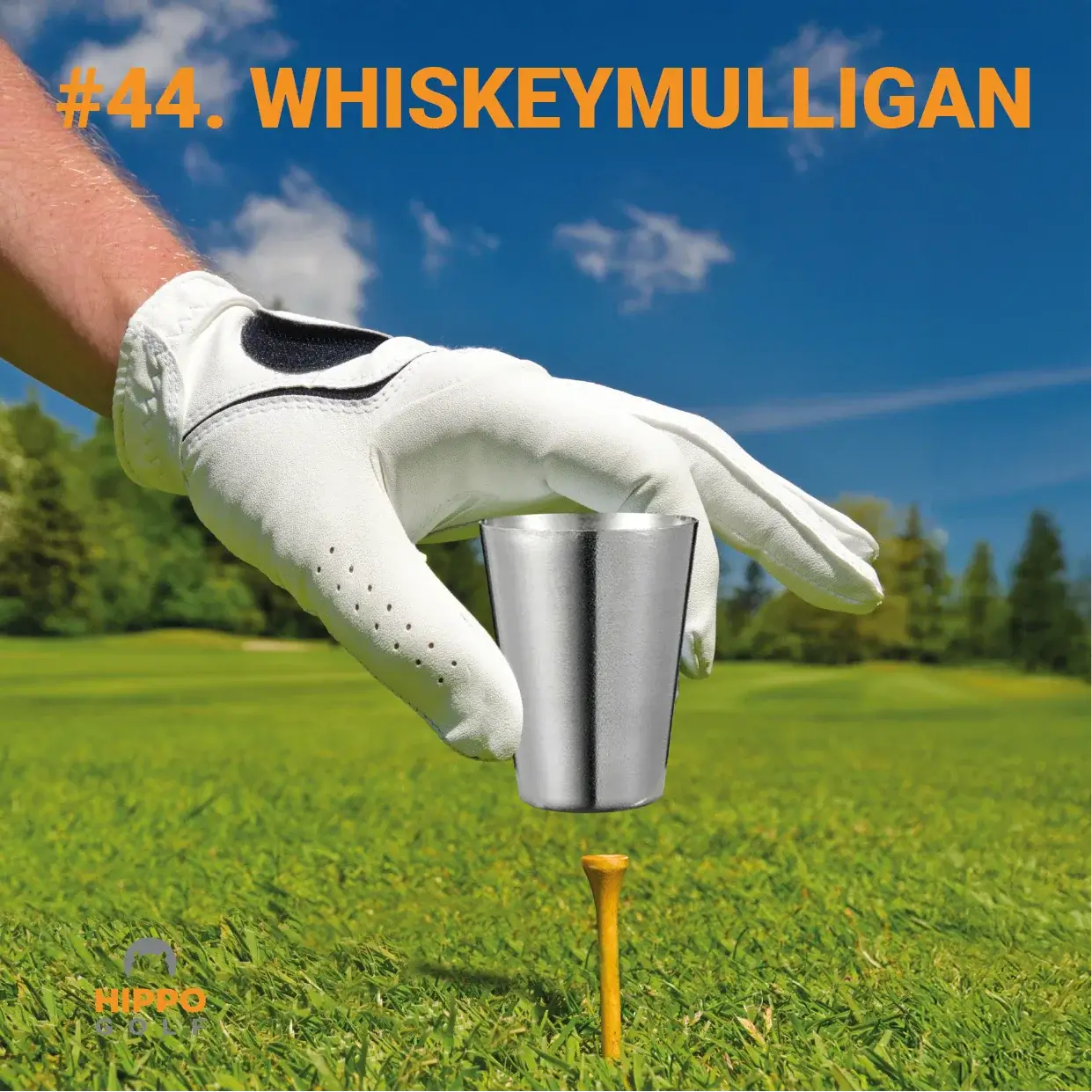 Golf glove holding a metal shot glass on a tee representing the Whiskey Mulligan golf rule 8190-09