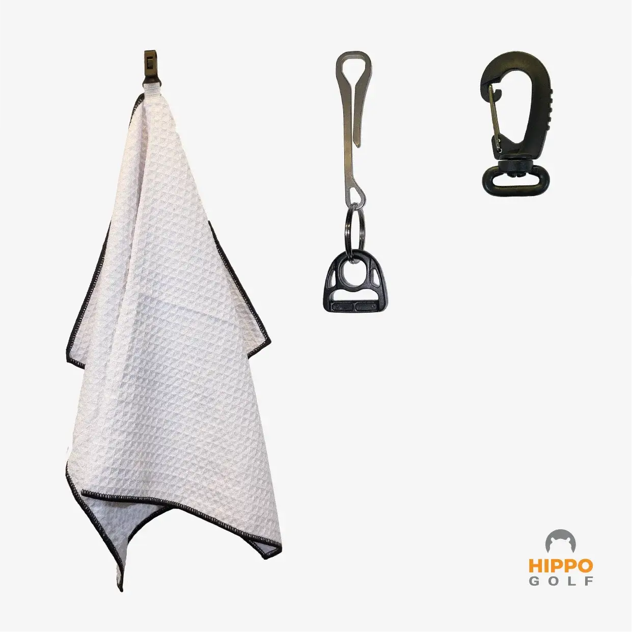 White golf towel with black trim and quick access clips – Hippo Golf 8174-17