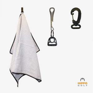 White golf towel with black trim and quick access clips – Hippo Golf 8174-17