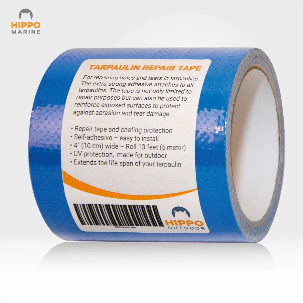 Heavy duty tarp repair tape roll in blue with Hippo Marine label for fixing holes and tears in tarpaulins.