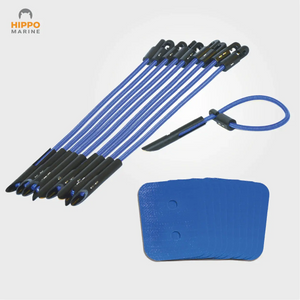 Tarp attachment kit from Hippo Marine with multiple bungee cords and adhesive tarp tie-down patches