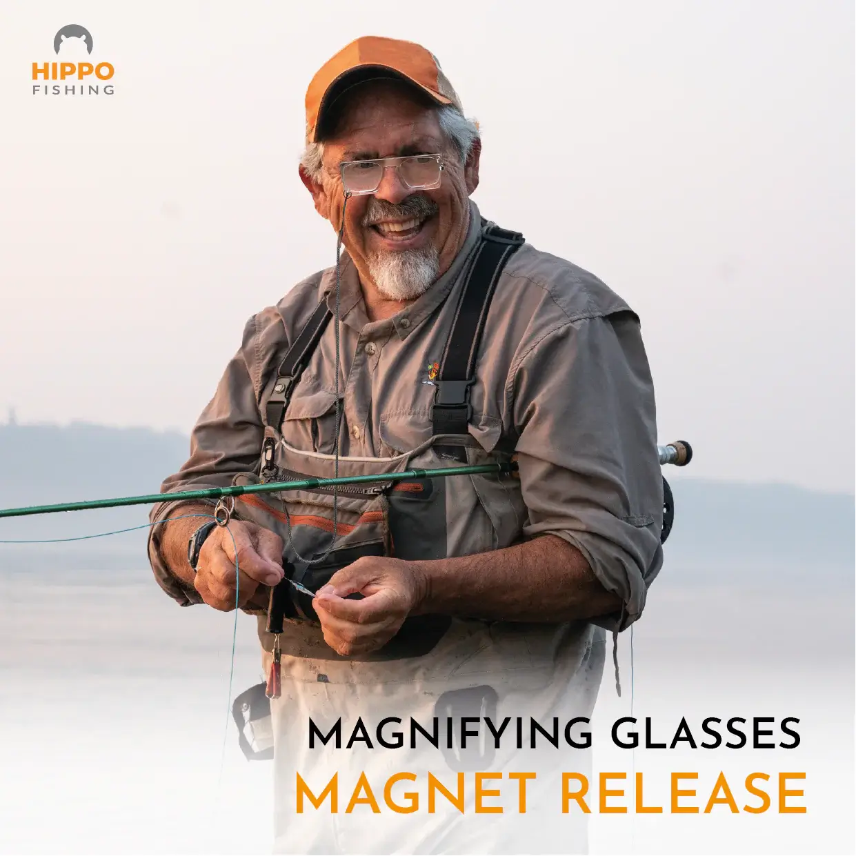 Magnetic fly fishing magnifier with grey band in action, showing easy magnet release during fly tying.