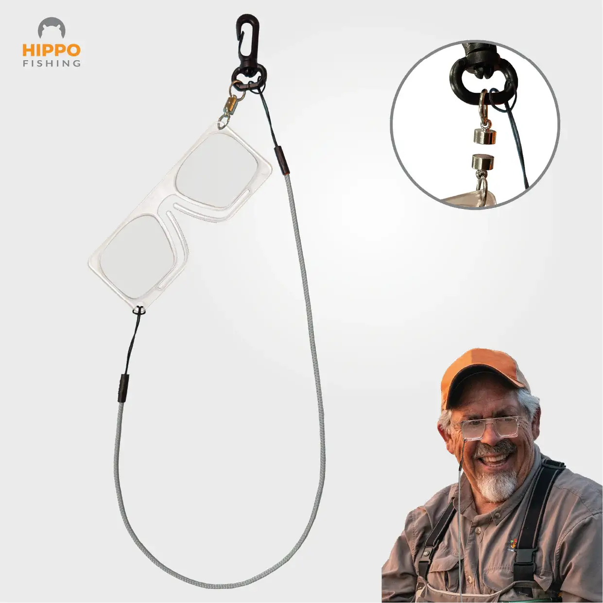 Magnetic fly fishing magnifier with grey band and quick-release magnet, shown worn by fisherman.
