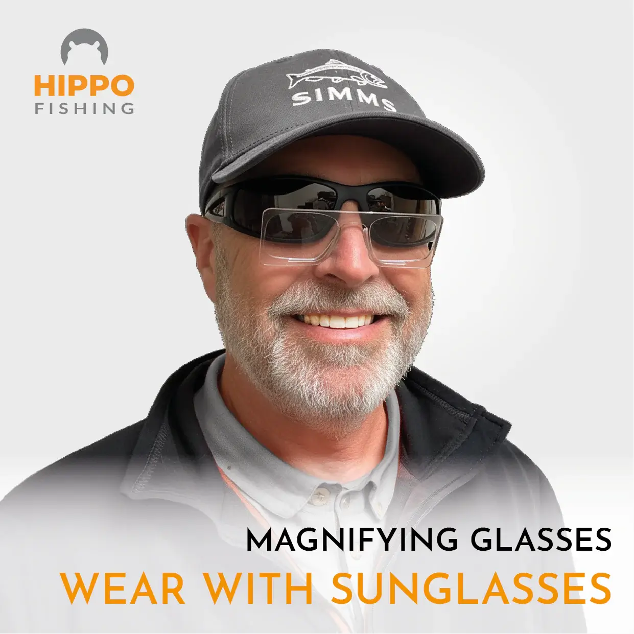 Magnetic fly fishing magnifier with grey band worn over sunglasses for hands-free fly fishing use.