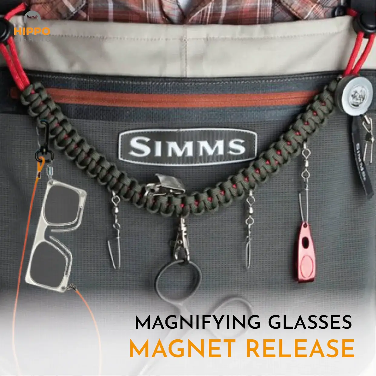 Magnetic release system of fly fishing magnifier 8275 mounted on fishing vest.