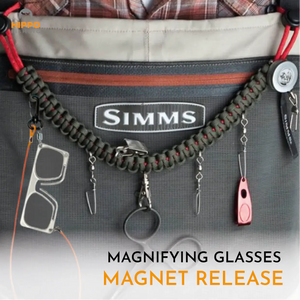 Magnetic release system of fly fishing magnifier 8275 mounted on fishing vest.
