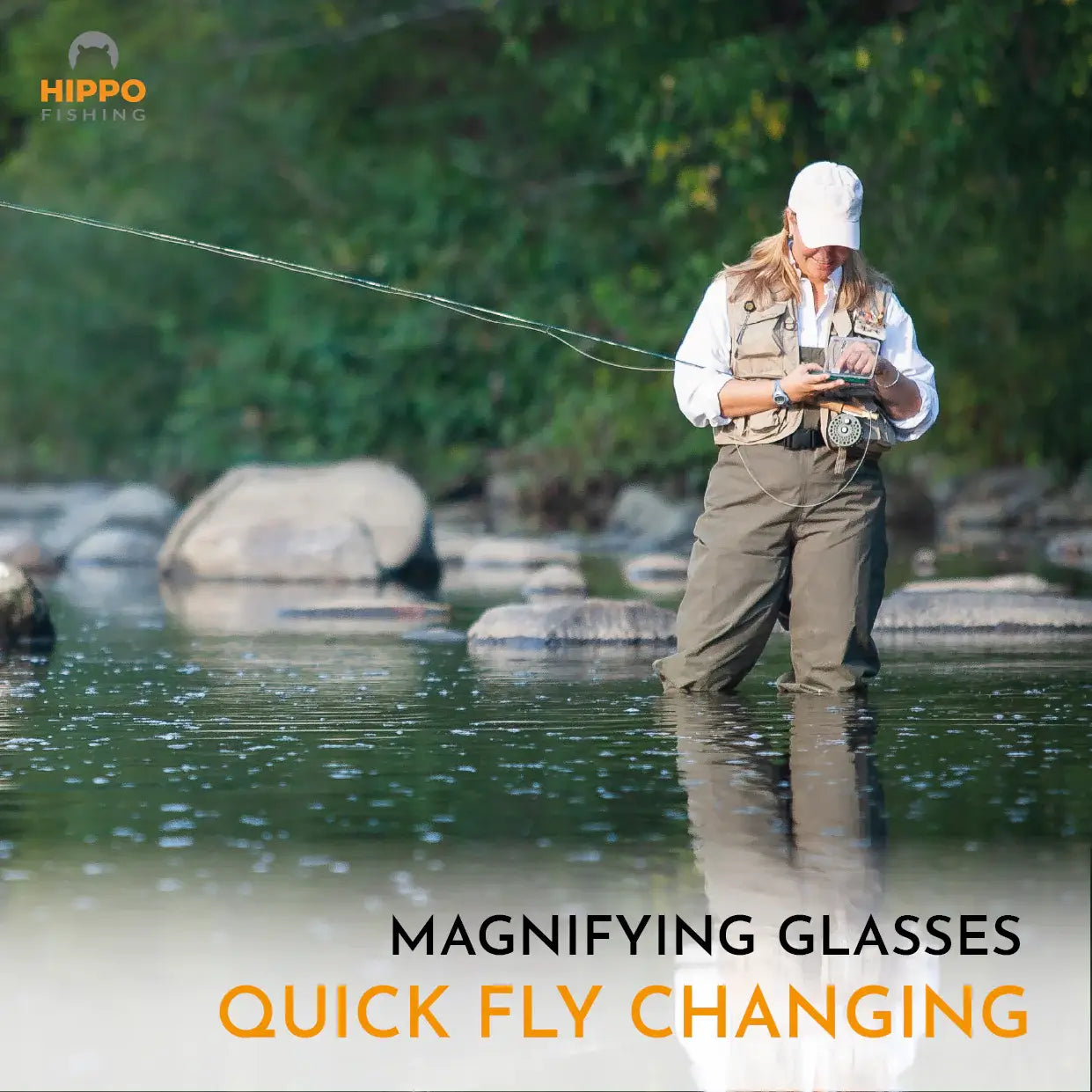 Woman fly fishing using single handed magnifying glasses for quick fly change in the water