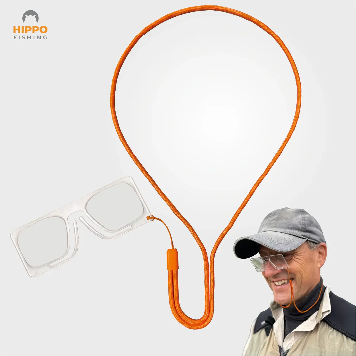 Single handed magnifying glasses with orange lanyard shown on fly fisherman for easy one hand use