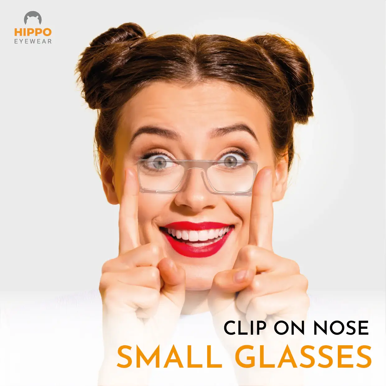 Woman demonstrating small frameless pocket reading glasses with thin-optic magnification.