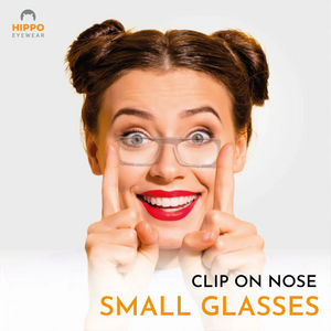 Woman demonstrating small frameless pocket reading glasses with thin-optic magnification.