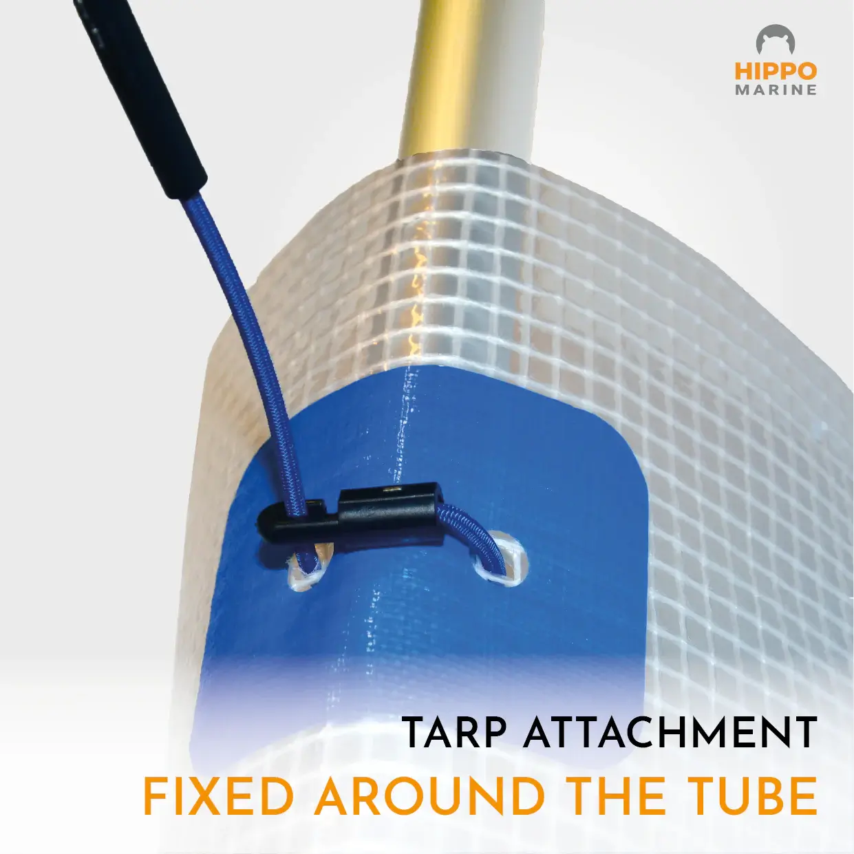 Tarp attachment point fixed around round tube using bungee cord with J-shaped toggle
