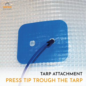 Creating holes in tarp using puncture tip on bungee cord for attachment point installation
